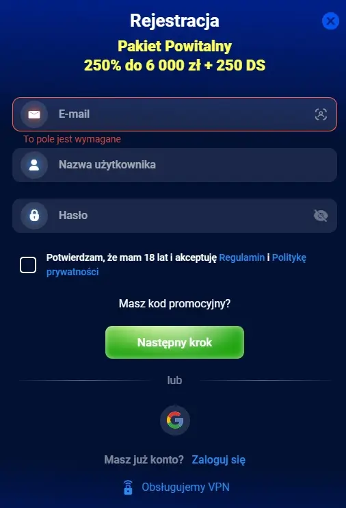 formularz rejestracyjny Azur Slot Casino